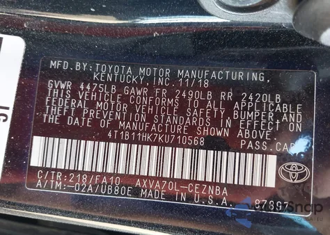 2019 Toyota Camry Le из США, поврежденный, VIN 4T1B11HK7KU710568